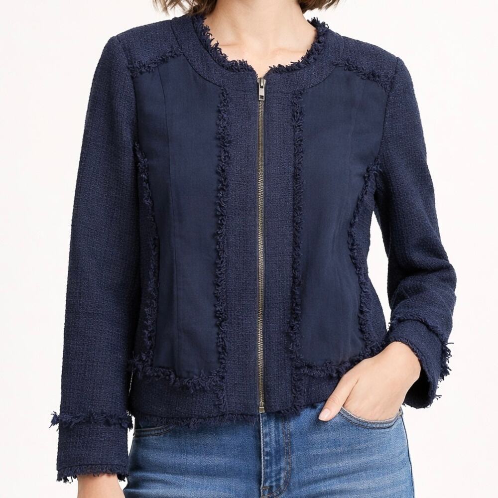 Dylan Gray Tweed Jacket Fringe Trim Zip Front Collarless Blazer, Navy Blue
